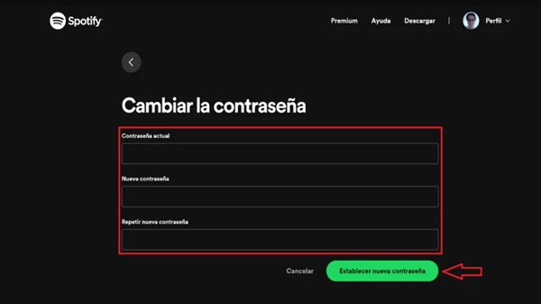 cambiar la contraseña de spotify sin correo